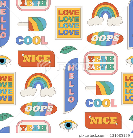 Groovy y2k sticker seamless rainbow background in colorful retro style pattern. Patch, badge and label motifs blend with typography and eye elements. Bright background, perfect for trendy pop vintage Groovy y2k sticker seamless rainbow background in colorful retro style pattern. Patch, badge and label motifs blend with typography and eye elements. Bright background, perfect for trendy pop vintage 131085139