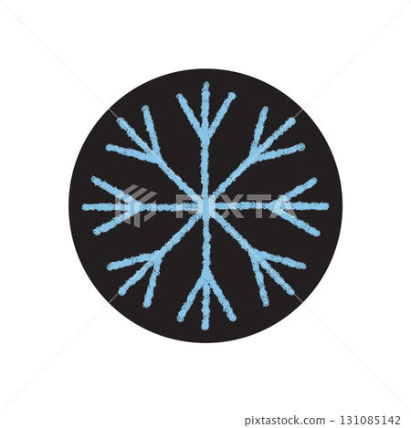 Blue crayon snow flake sticker icon in a circular black shape, icy winter ornament with cold frosted details. Snowflake label for xmas package, round design for festive season decoration. 131085142