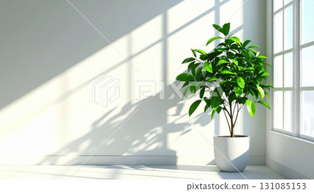 [AI image] A white room with potted plants and soft sunlight streaming in 131085153