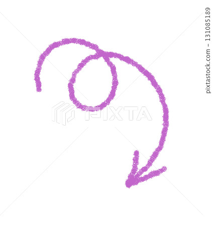 Hand drawn wavy pastel arrow with crayon stroke and sketch style in purple. Distinct symbol and icon as a unique element for creative concept modern abstract visual art. 131085189