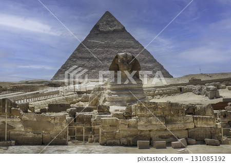 Great Sphinx of Giza, Pyramid of Khafre in the background 131085192