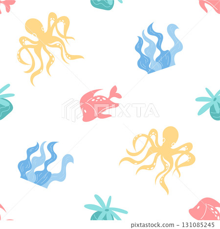 Seamless underwater cartoon marine pattern with fish, coral, and octopus. Flat aquatic life in vibrant ocean background. Perfect for marine themes, summer, and decorative use. Seamless underwater cartoon marine pattern with fish, coral, and octopus. Flat aquatic life in vibrant ocean background. Perfect for marine themes, summer, and decorative use. 131085245