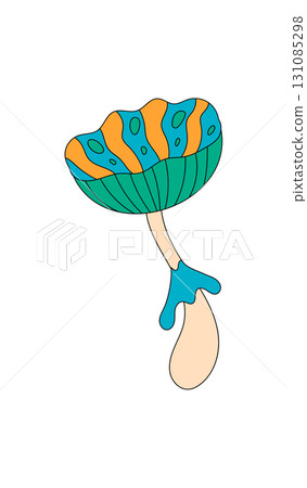 Groovy psychedelic mushroom sticker cartoon patch in a retro and trippy style. Colorful magic shroom stands as a unique groovy element. Great for retro pop fun uses. Groovy psychedelic mushroom sticker cartoon patch in a retro and trippy style. Colorful magic shroom stands as a unique groovy element. Great for retro pop fun uses. 131085298