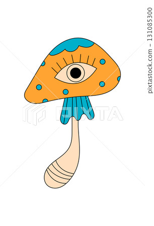 Groovy psychedelic mushroom with cartoon eye forms magic sticker style in retro colorful y2k palette. Trippy shroom and groovy element blend as pop, fun icon, ideal for playful decorative use. 131085300