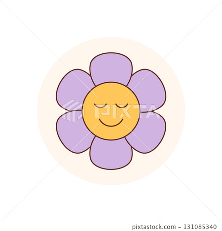 Groovy retro sticker with happy flower in flat style and cute smiley. Round circle seal for package lid, playful y2k color, perfect for cheerful label or modern product use, artistic mood. 131085340