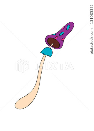 Colorful psychedelic mushroom as groovy cartoon sticker with magic fantasy style. Trippy shroom retro creative, funky retro groovy element forms playful sticker or art accent. 131085352