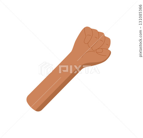 Cartoon flat hand gesture showing the number five sticker. Human fist and closed fingers symbol express count and number. Bare arm with natural tone shows pose concept in isolated white background. 131085366