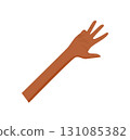 Cartoon hand gesture with palm showing number four. Bare brown human arm with fingers up and a flat style design. Suitable for counting, education, or preschool learning visuals. 131085382