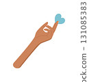 Flat colorful hand with raised finger holding a heart symbol. A gesture of love, joy, and happiness. Creative and abstract concept with vibrant style, perfect for cards, banners, or modern poster 131085383
