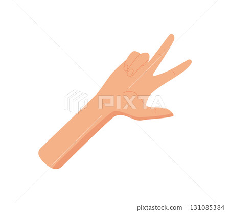 Flat hand gesture with raised three fingers. Bare human hand expresses the number three with palm upward. Isolated style, perfect for education and counting themes. 131085384