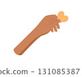 Flat vector hand with a heart, symbolizing love, support, and charity. Gesture of giving highlights aid and human care. Creative symbol of help solidarity for voluntary concepts. 131085387