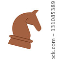 Flat wooden chess board piece. Knight pawn shaped like horse for strategy and play. Classic boardgame element on table for game enthusiasts, simple and graphic style, perfect leisure, recreation, 131085389