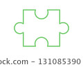 Flat jigsaw puzzle piece outline silhouette. Simple game tile graphic for toy or boardgame concepts. Childhood play activity or table entertainment with creative uses. 131085390