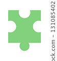 Flat green jigsaw puzzle piece silhouette. Geometric tile from a boardgame on table. Fun and play for children or leisure hobby with toys. Simple graphic for recreation and activity. 131085402