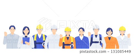 A positive image of a bright career. Male and female workers and site supervisors working in the construction industry. Illustration for recruitment. A positive image of a bright career. Male and female workers and site supervisors working in the construction industry. Illustration for recruitment. 131085449