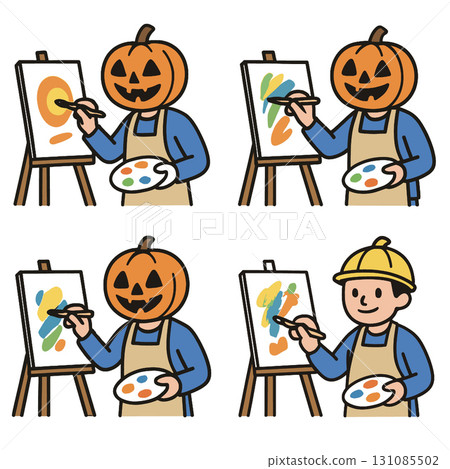Pumpkin head painter canvas palette apron and hat cheerful art creativity Pumpkin head painter canvas palette apron and hat cheerful art creativity 131085502