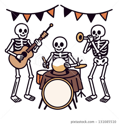Skeleton band playing guitar, drum, trumpet, festive, cartoon, Halloween party, joyful mood 131085510