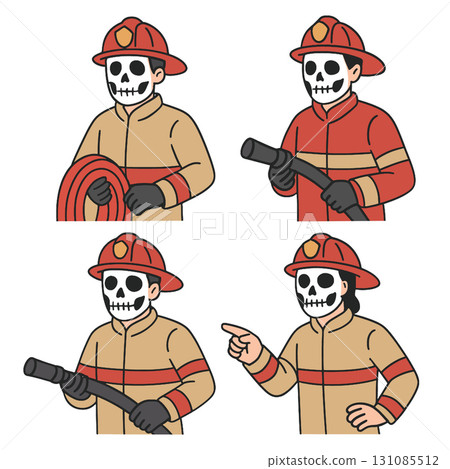 Firefighter skeleton cartoon uniform helmet hose glove pointing illustration emergency 131085512