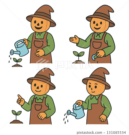 Pumpkin head, gardener, watering can, plant, soil, cartoon character, happy emotion 131085534
