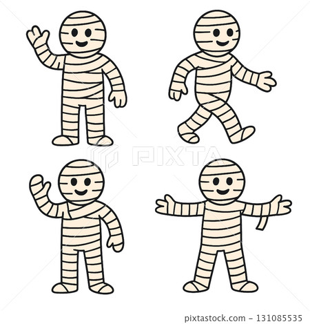 Cartoon mummy character, wrapped in bandages, smiling, waving, walking, arms open, playful mood 131085535