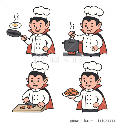 Vampire chef cartoon cooking egg, stirring pot, chopping food, and serving pasta, cheerful mood Vampire chef cartoon cooking egg, stirring pot, chopping food, and serving pasta, cheerful mood 131085543