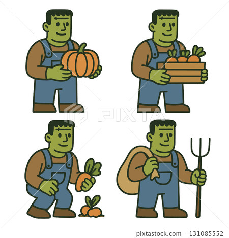 Farmer cartoon pumpkin carrot vegetable harvest overalls green skin smiling autumn 131085552