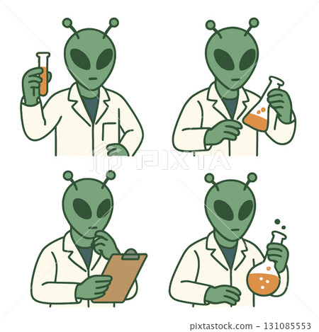 Alien scientist cartoon, green extraterrestrial in lab coat holding test tube, flask, clipboard 131085553