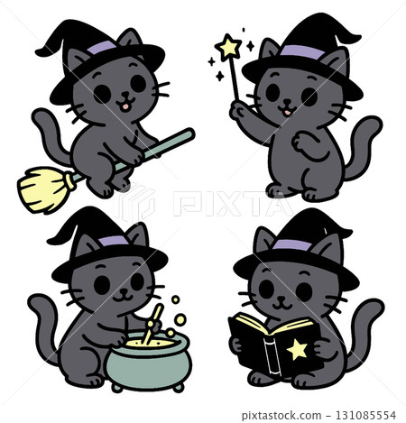 Cute black cat witch with hat, broom, magic wand, cauldron, and book, cartoon style 131085554