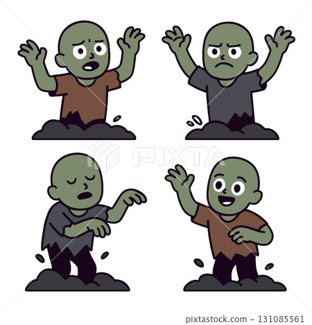 Zombie cartoon character rising from ground, four emotional expressions, green skin 131085561