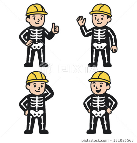 Cartoon construction worker in skeleton costume, yellow helmet, various cheerful poses Cartoon construction worker in skeleton costume, yellow helmet, various cheerful poses 131085563