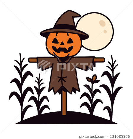 Pumpkin scarecrow witch hat full moon cornfield Halloween spooky autumn night 131085566