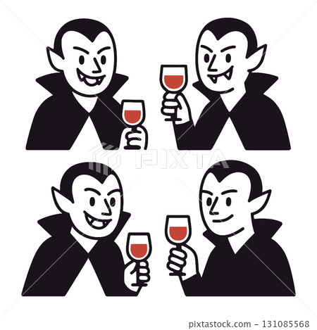 Vampire cartoon character holding wine glass, smiling, with fangs and black cape, cheerful mood Vampire cartoon character holding wine glass, smiling, with fangs and black cape, cheerful mood 131085568