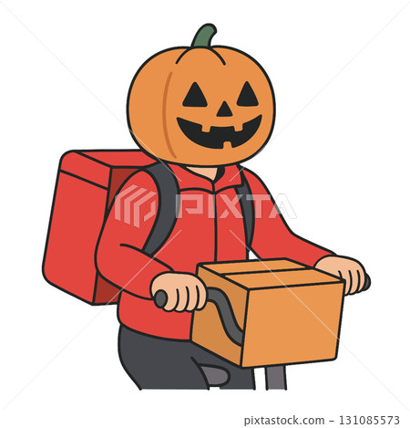Pumpkin head delivery bicycle red jacket box Halloween cartoon smiling 131085573