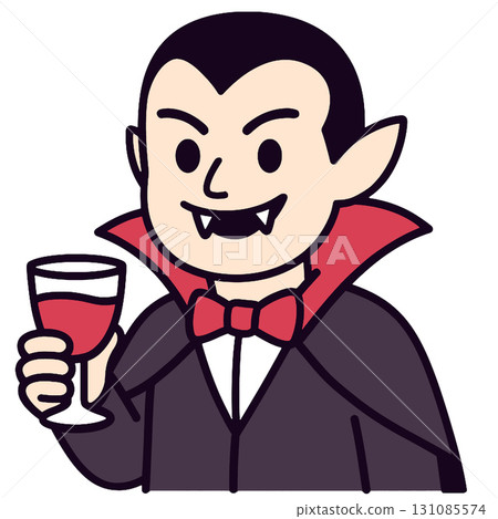 Vampire cartoon character holding wine glass, smiling, wearing black suit and red bow tie Vampire cartoon character holding wine glass, smiling, wearing black suit and red bow tie 131085574