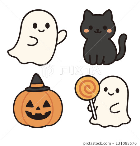 Cute ghost, black cat, pumpkin with hat, and ghost with lollipop cartoon for Halloween 131085576