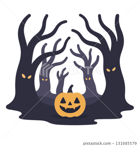 Spooky tree pumpkin Halloween dark forest glowing eyes eerie night illustration 131085579