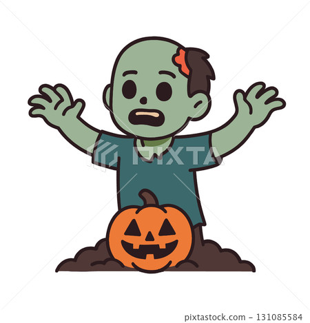 Zombie cartoon, green skin, rising from ground, pumpkin, Halloween, spooky, cute style 131085584