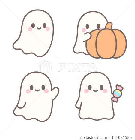 Cute ghost cartoon pumpkin candy waving happy Halloween white background kawaii style 131085586