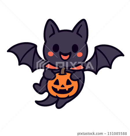 Cute bat cartoon Halloween pumpkin smiling flying orange black festive joyful 131085588