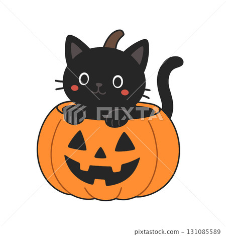 Black cat, pumpkin, Halloween, cartoon, cute illustration, isolated white background 131085589