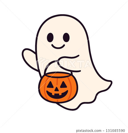 Cute ghost cartoon holding pumpkin, Halloween, smiling, white background, playful, festive 131085590