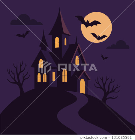 Haunted house, full moon, bats, dark sky, spooky trees, Halloween night, silhouette 131085591
