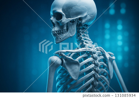 AI generated medical illustration showing human skeleton with glowing spine and ribcage in futuristic digital style highlighting anatomy research and healthcare visualization 131085934
