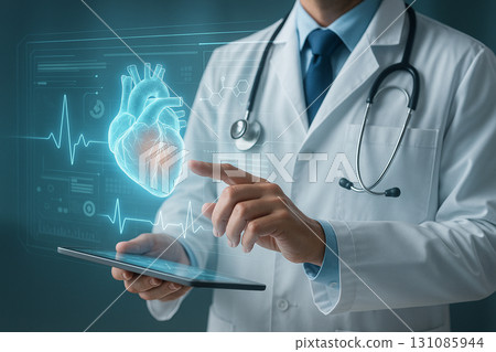 AI generated doctor in white coat using holographic heart and digital health data symbolizing modern healthcare innovation precision medicine trustworthy medical technology for future health solutions 131085944
