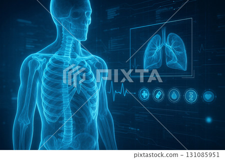AI generated futuristic medical hologram showing human anatomy with digital data visualization symbolizing modern healthcare analysis and precision technology 131085951