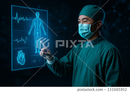 AI generated image of a surgeon in green scrubs interacting with a glowing holographic human body surrounded by medical data symbols representing digital healthcare innovation AI generated image of a surgeon in green scrubs interacting with a glowing holographic human body surrounded by medical data symbols representing digital healthcare innovation 131085952