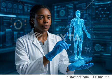 AI generated female doctor with gloves interacting with holographic human body and digital data in futuristic medical lab symbolizing innovation precision modern healthcare and advanced technology 131085953