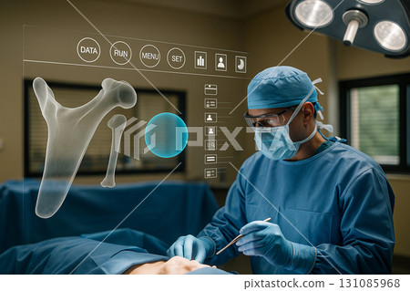 AI generated ultra realistic scene of surgeon performing operation with holographic hip bone projection in modern operating room using advanced futuristic medical technology AI generated ultra realistic scene of surgeon performing operation with holographic hip bone projection in modern operating room using advanced futuristic medical technology 131085968