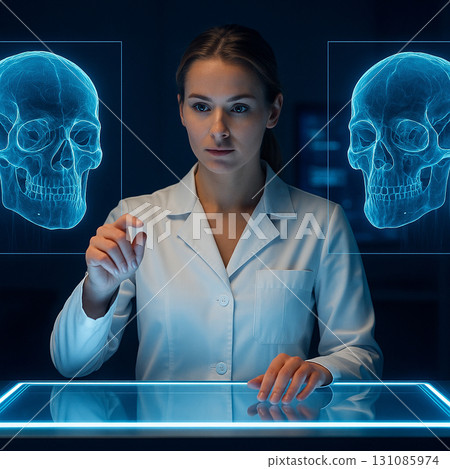 AI generated image of a female doctor standing before digital screens with glowing blue skull holograms symbolizing advanced medical research and futuristic healthcare technology 131085974