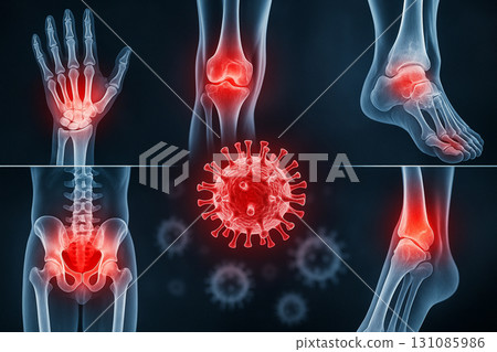 AI generated ultra realistic medical graphic showing human bones and joints with red glowing inflammation points and virus cells representing arthritis pain gout and infection related health issues 131085986